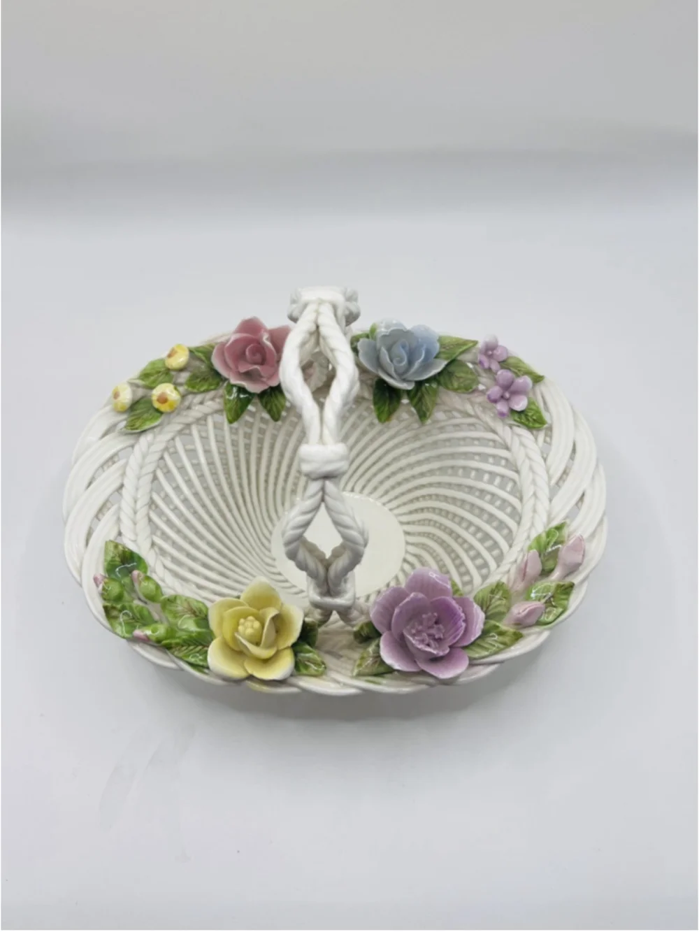Vintage Spanish Woven Porcelain Basket White 3D Floral Pastel Made In Spain